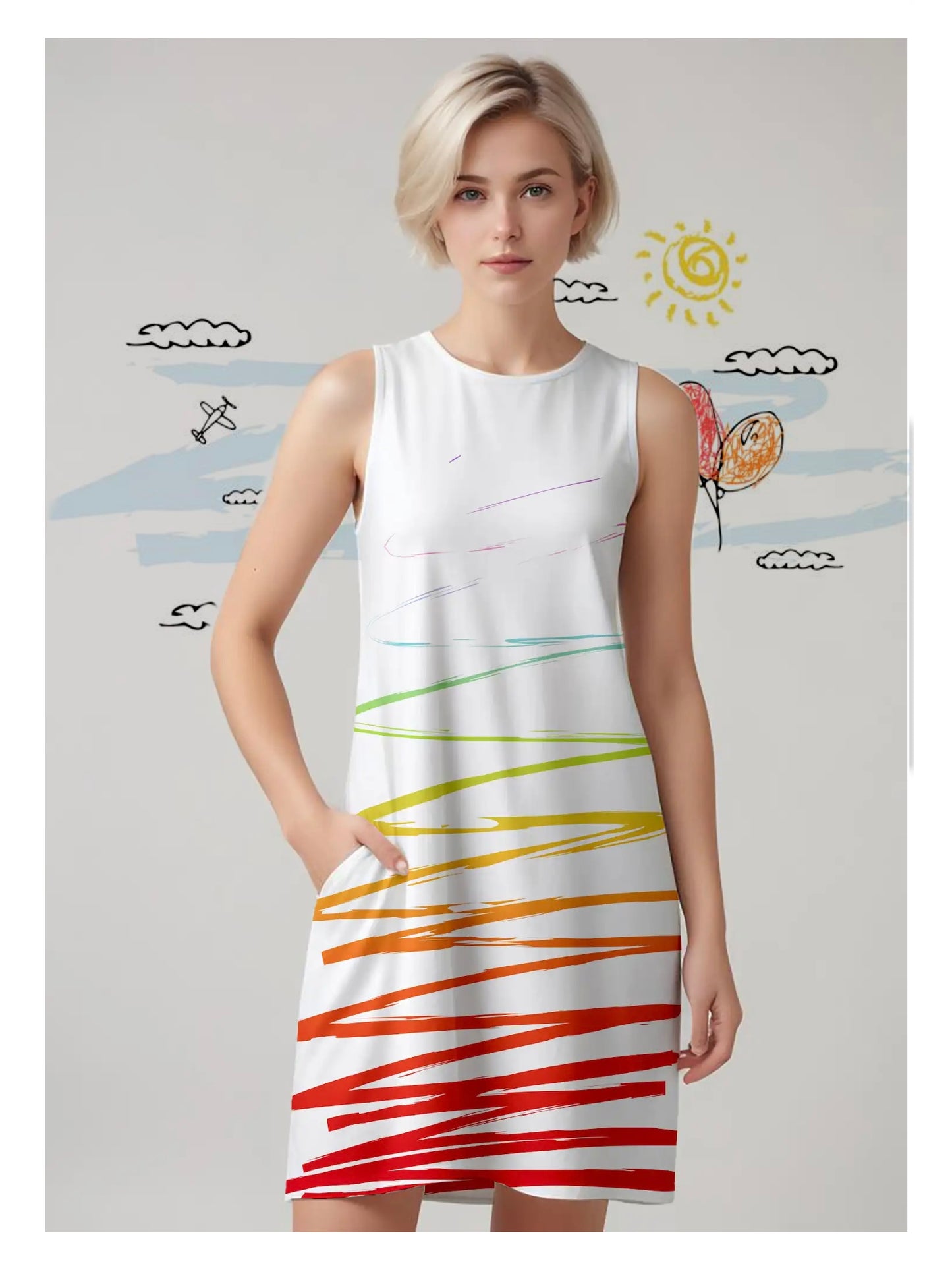 Young Women’s Short Dress with Rainbow Scribble Print