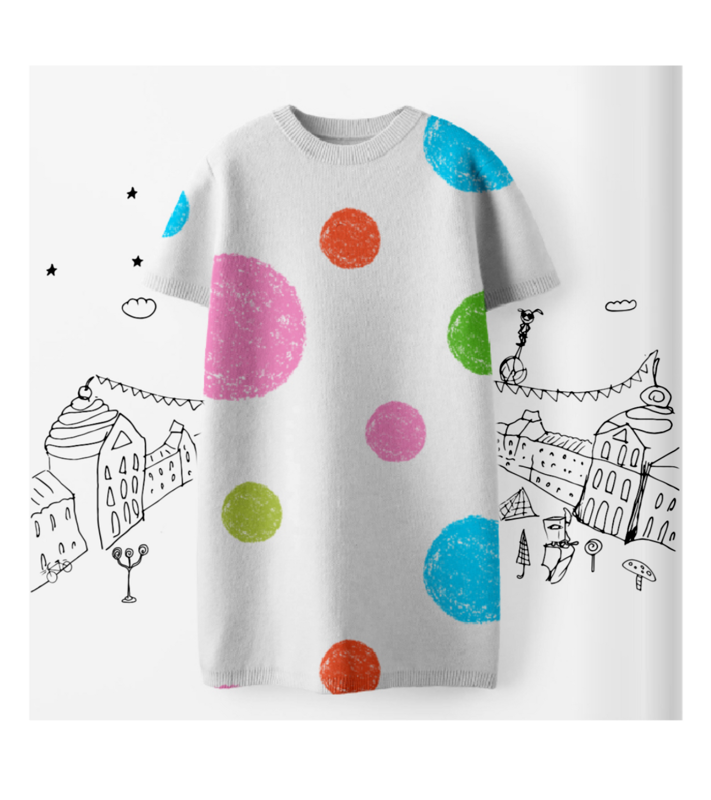 Toddler’s White Dress with Colorful Polka Dots